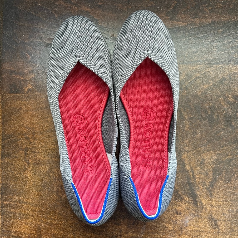 Rothys Women's The Flat Round Toe Size 8 Charcoal Gray Birdseye Red Insole